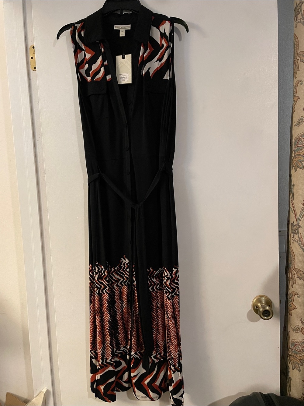 Dana Buchman Black Shirt Dress with Rust and White Abstract Print
